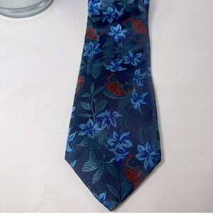 Duchamp London Men’s Silk Neck Tie Blue Floral with Orange Butterflies